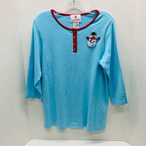 Quacker Factory Blue Pullover Top W? French Knot Snowman Henley Knit Cotton READ
